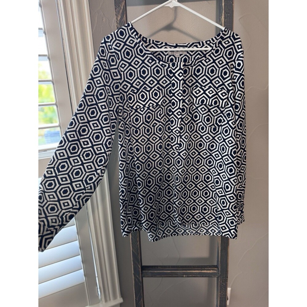 Gap 1/2 Button Geometric Print Tunic Blouse Size Medium Navy Blue & White